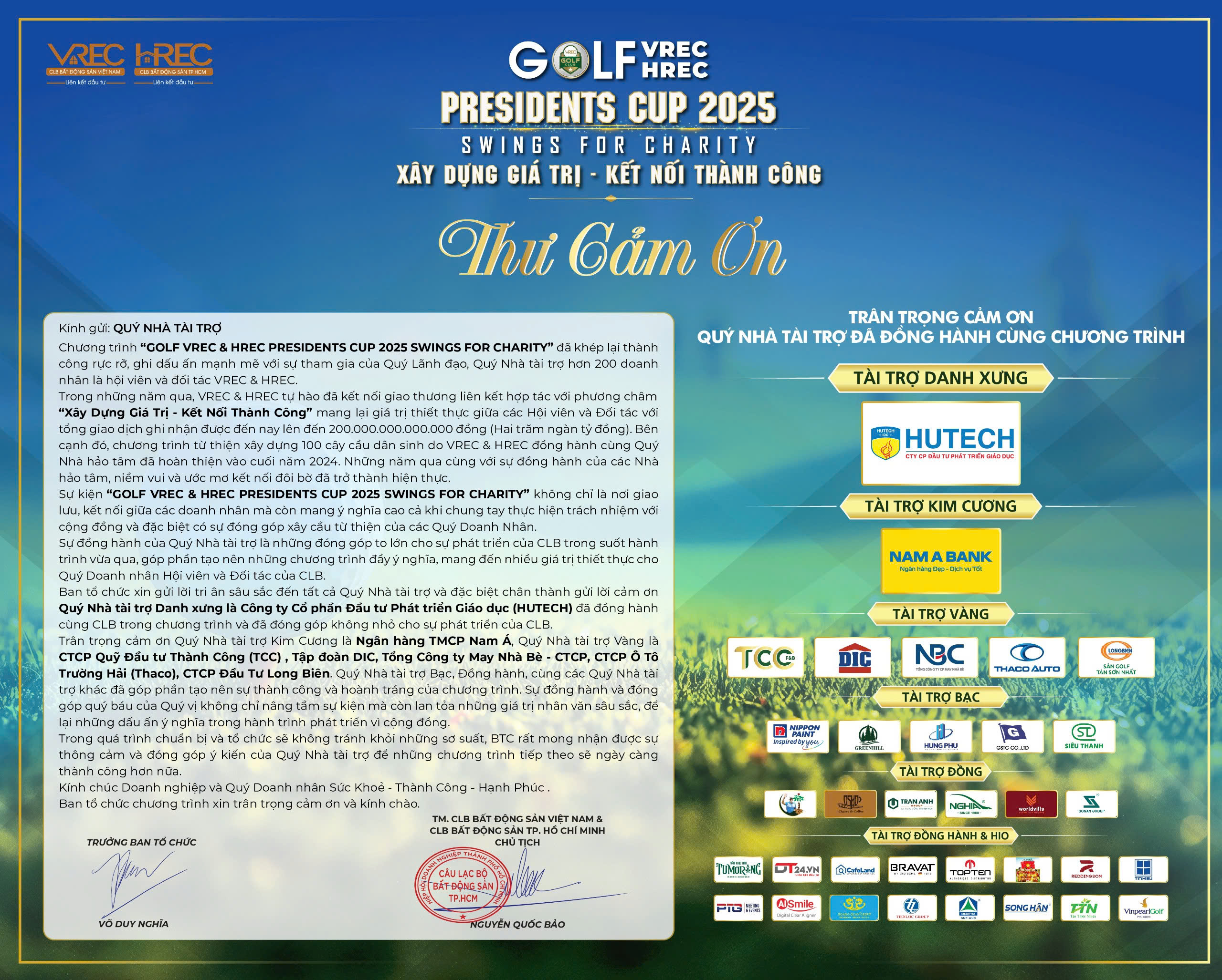 THƯ CẢM ƠN QUÝ NHÀ TÀI TRỢ ĐÃ ĐỒNG HÀNH CÙNG CLB TRONG CHƯƠNG TRÌNH GOLF VREC & HREC PRESIDENTS CUP 2025 SWINGS FOR CHARITY