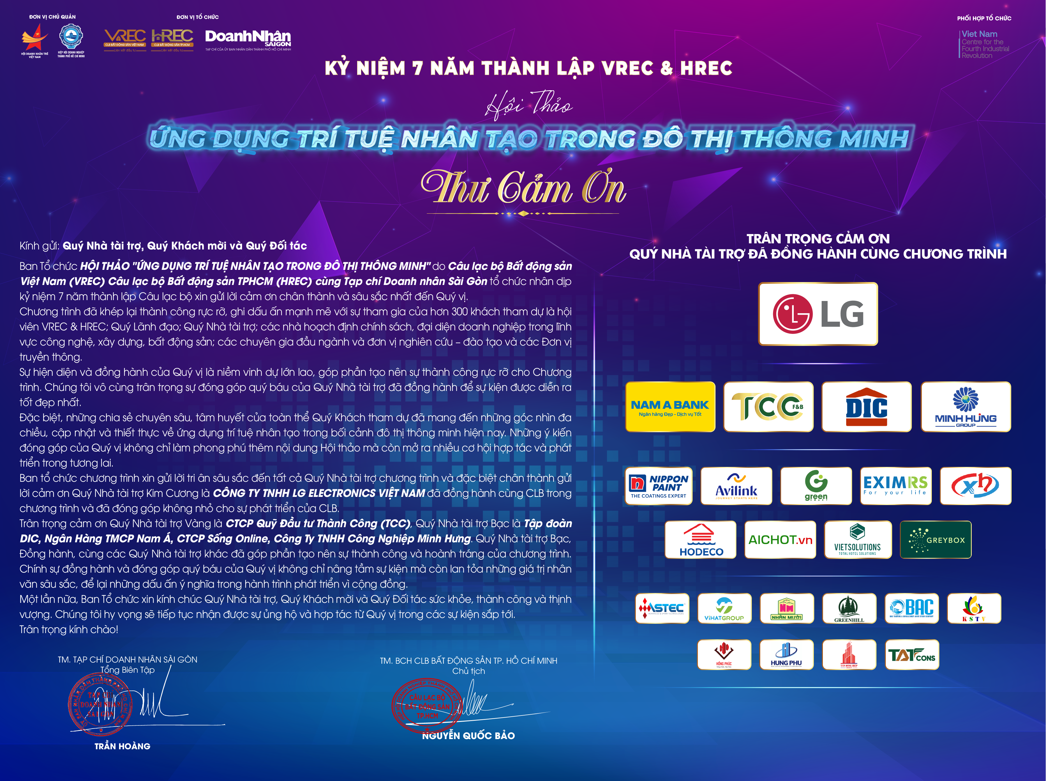 THƯ CẢM ƠN QUÝ NHÀ TÀI TRỢ, QUÝ KHÁCH MỜI VÀ QUÝ ĐỐI TÁC