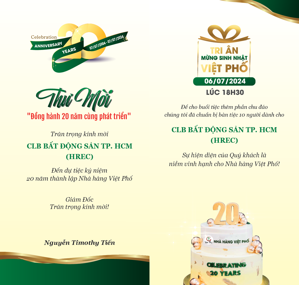 NHÀ HÀNG VIỆT PHỐ KỶ NIỆM 2O NĂM THÀNH LẬP (07/07/2004- 07/07/2024)