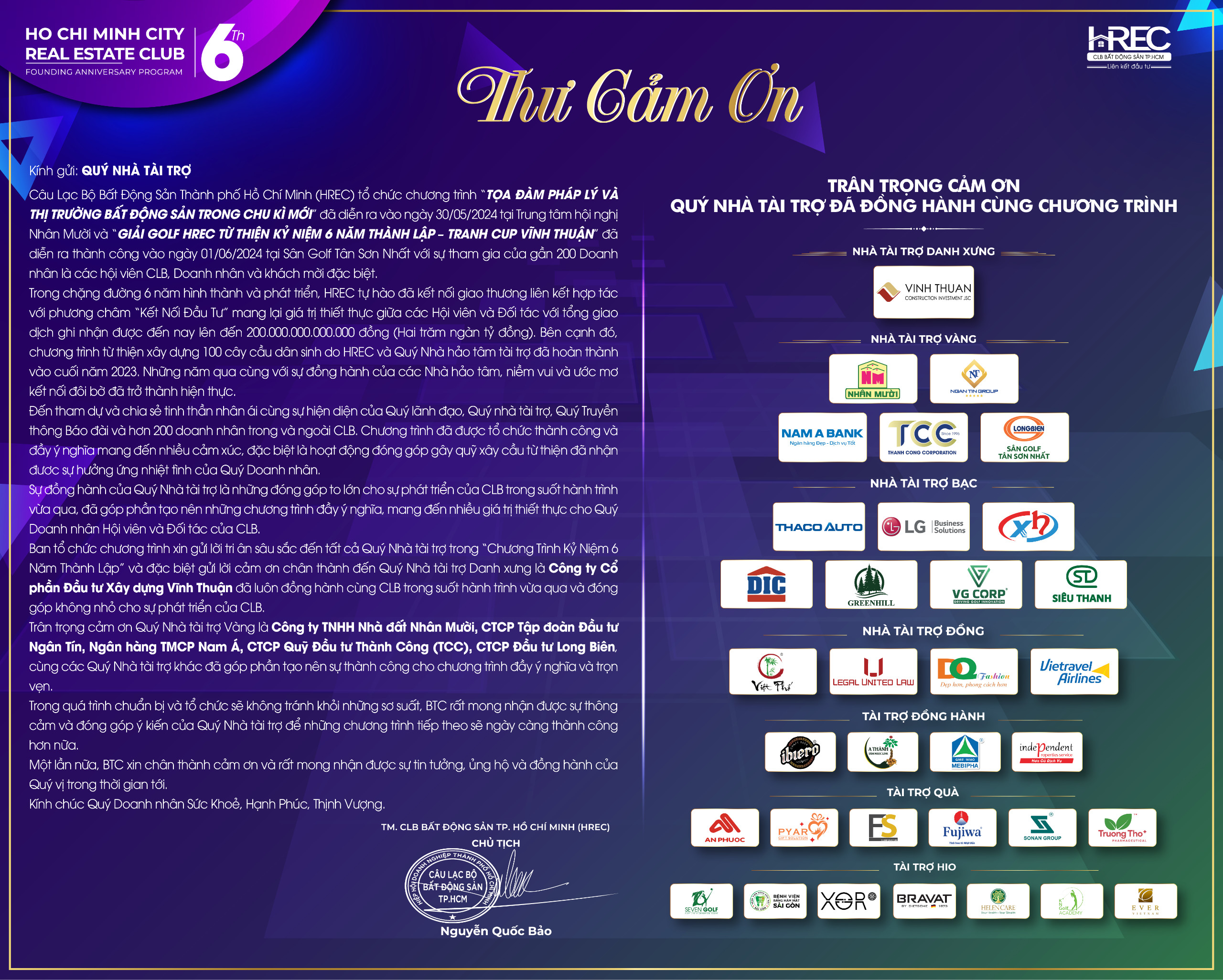 THƯ CÁM ƠN QUÝ NHÀ TÀI TRỢ