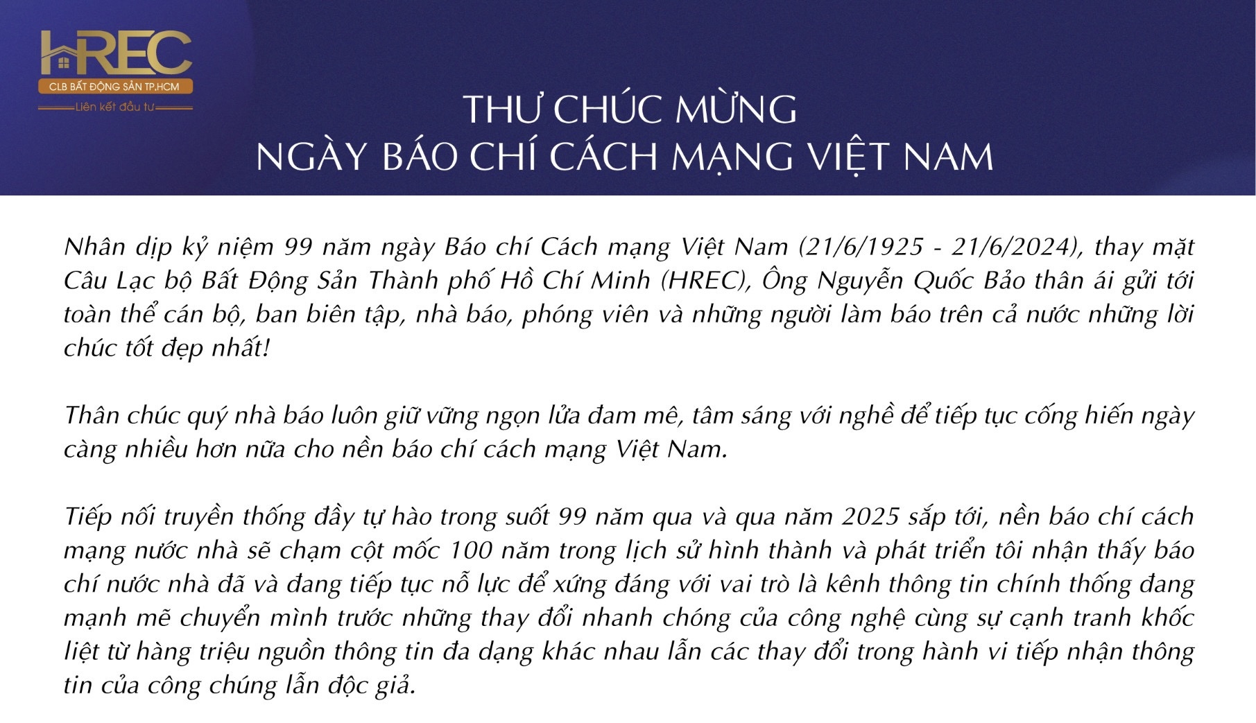 ÔNG NGUYỄN QUỐC BẢO CHỦ TỊCH HREC GỬI THƯ CHÚC MỪNG NHÂN NGÀY BÁO CHÍ CÁCH MẠNG VIỆT NAM